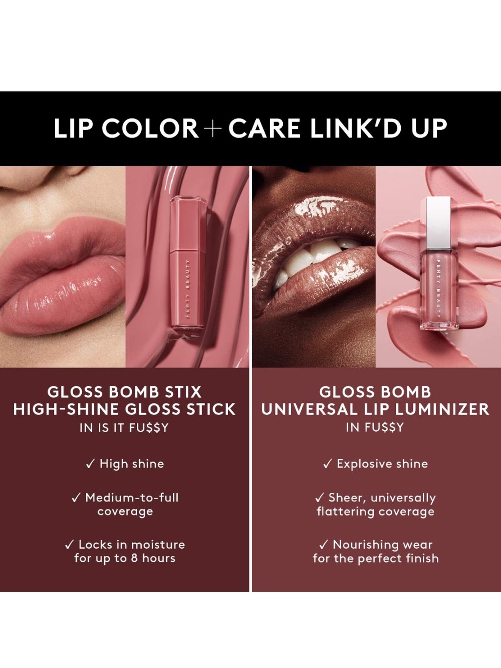 Fenty Gloss Bomb and gloss bomb stix in Fussy.